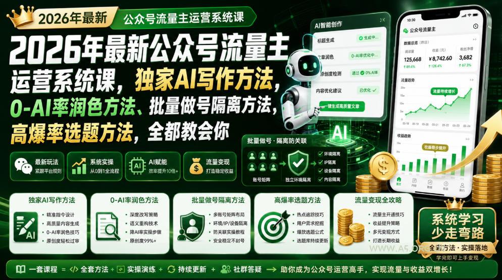 2026年最新公众号流量主运营系统课,独家AI写作方法,0-AI率润色方法、批量做号隔离方法、高爆率选题方法,全都教会你(更新1009) - 小红泡 2026年最新公众号流量主运营系统课,独家AI写作方法,0-AI率润色方法、批量做号隔离方法、高爆率选题方法,全都教会你(更新1009)