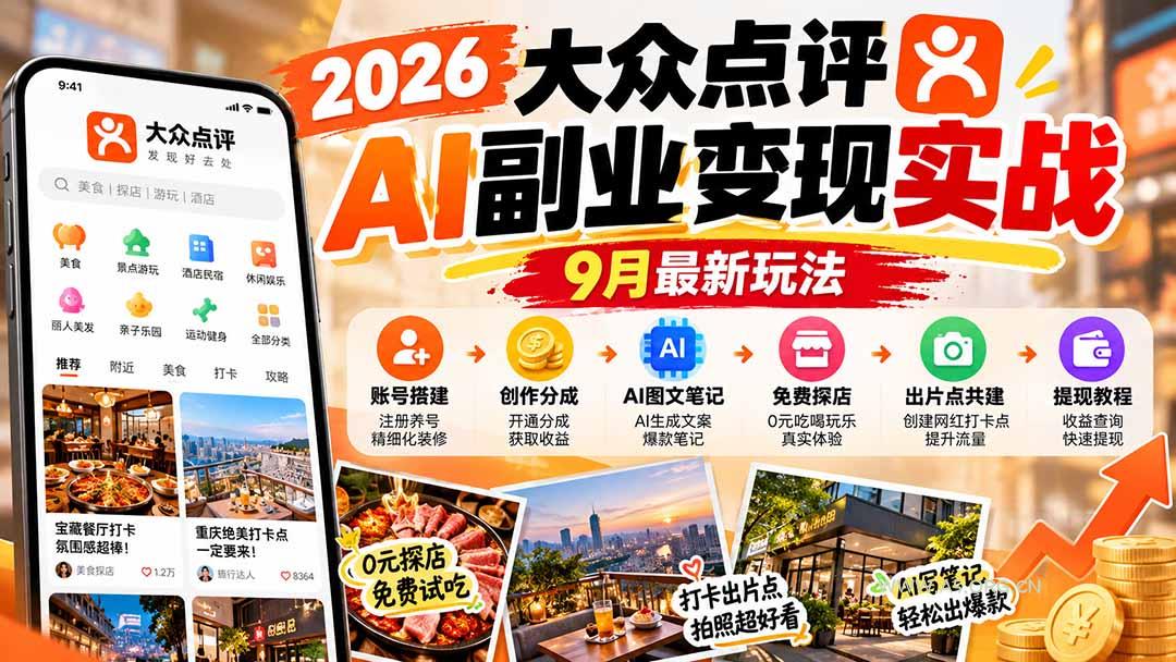 2026大众点评AI副业变现实战9月最新玩法：账号搭建+创作分成+AI图文笔记+免费探店+出片点共建与提现教程 - 小红泡