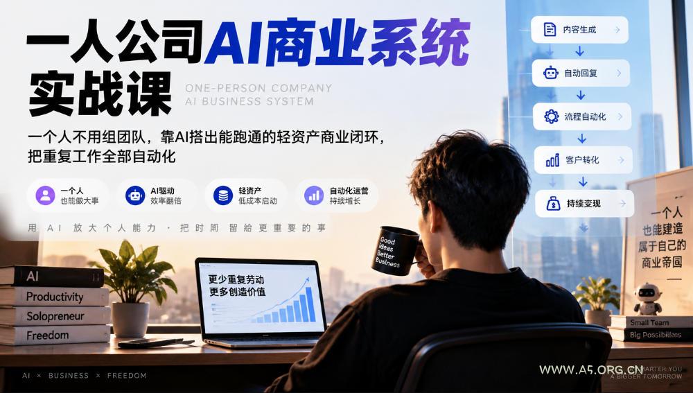 一人公司AI商业系统实战课，一个人不用组团队，靠AI搭出能跑通的轻资产商业闭环，把重复工作全部自动化