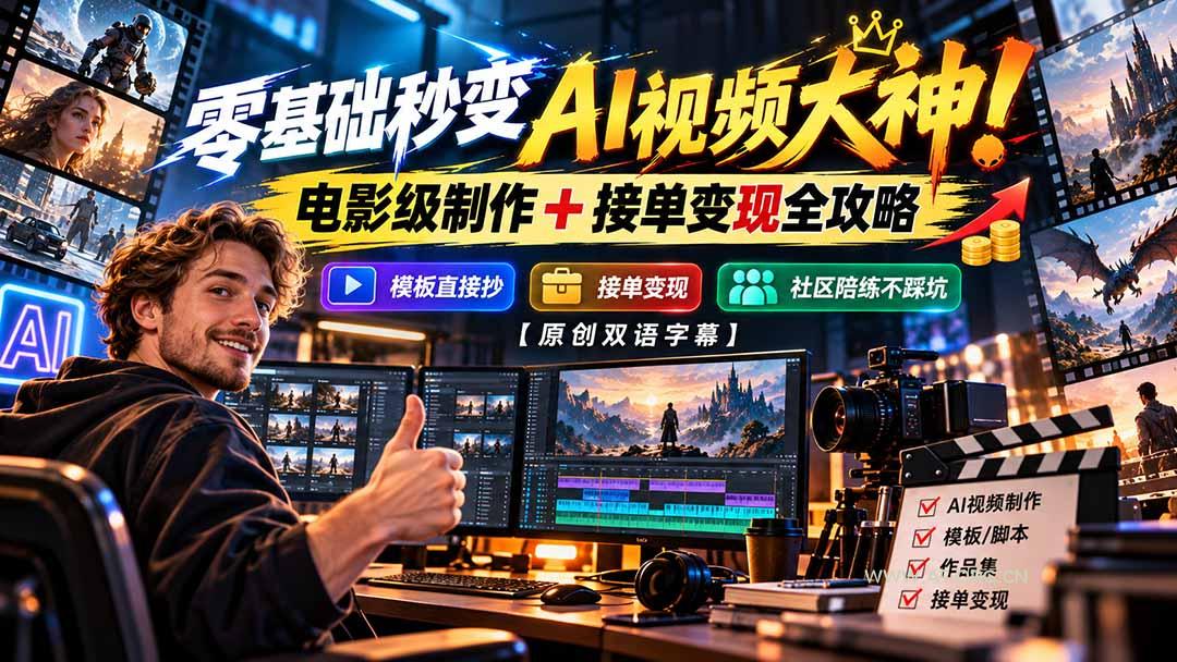 零基础秒变AI视频大神！电影级制作 + 接单变现全攻略，模板直接抄，社区陪练不踩坑【原创双语字幕】 - 小红泡