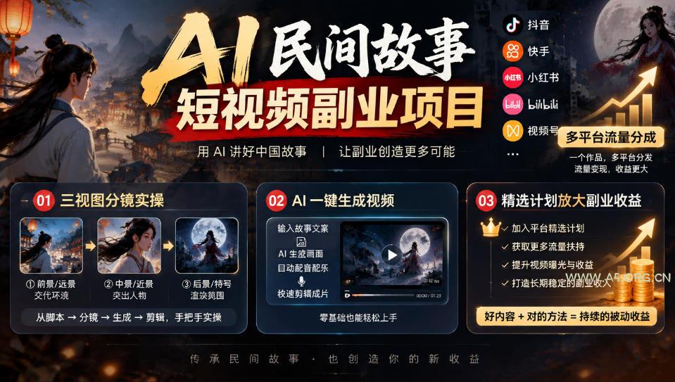AI民间故事短视频副业项目，多平台流量分成，三视图分镜实操，精选计划放大副业收益