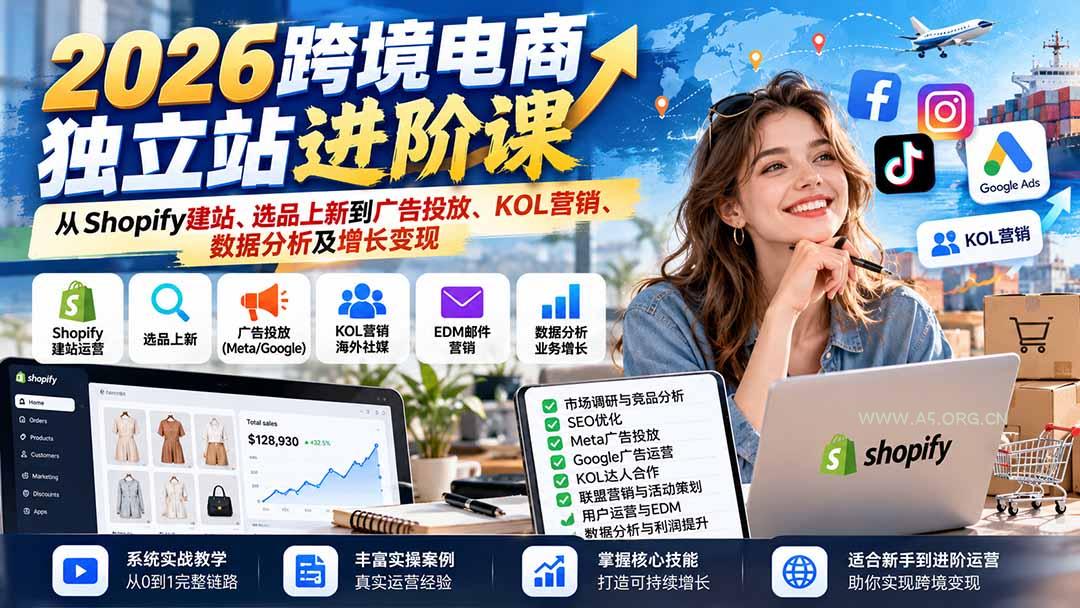 2026跨境电商独立站进阶课：从Shopify建站、选品上新到广告投放、KOL营销、数据分析及增长变现 - 小红泡