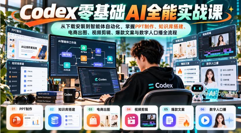 Codex零基础AI全能实战课:从下载安装到智能体自动化,掌握知识库搭建、电商出图、视频剪辑、爆款文案与数字人口播全流程 - 小红泡 Codex零基础AI全能实战课:从下载安装到智能体自动化,掌握知识库搭建、电商出图、视频剪辑、爆款文案与数字人口播全流程