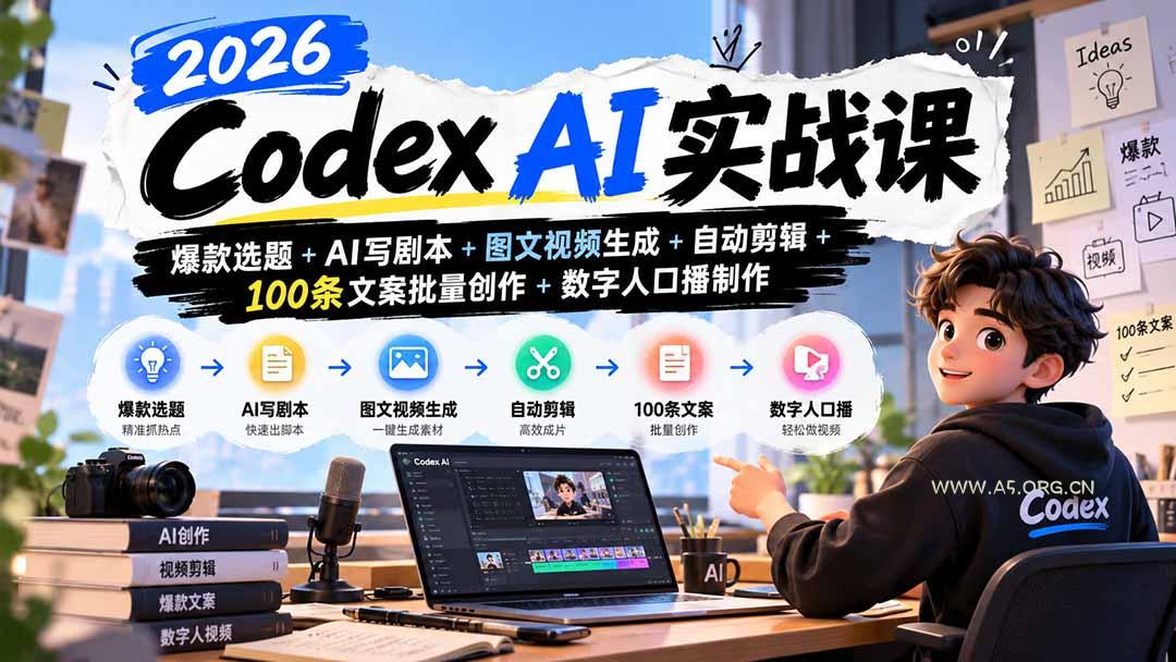 2026Codex AI实战课：爆款选题+AI写剧本+图文视频生成+自动剪辑+100条文案批量创作+数字人口播制作 - 小红泡