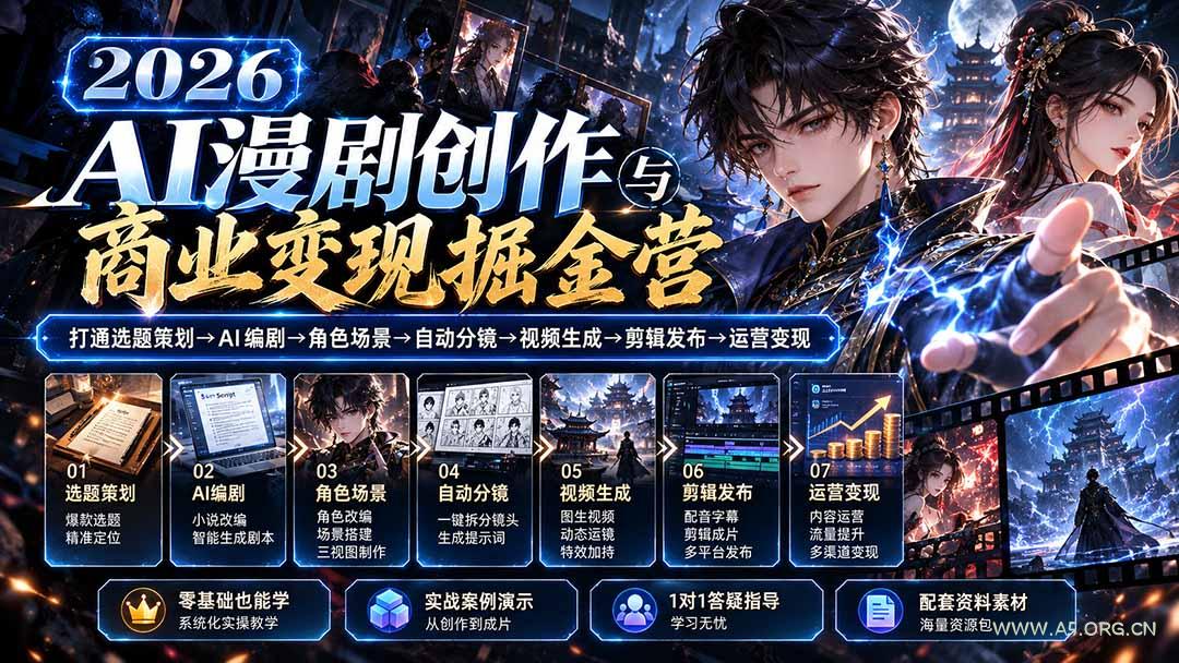 【无水印】2026AI漫剧创作与商业变现掘金营：打通选题&rarr;AI编剧&rarr;角色场景&rarr;自动分镜&rarr;视频生成&rarr;剪辑发布&rarr;运营变现 - 小红泡