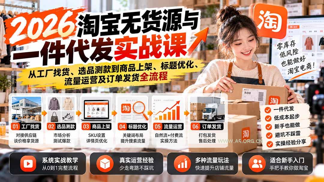 2026淘宝无货源与一件代发实战课:从工厂找货、选品测款到商品上架、标题优化、流量运营及订单发货全流程 - 小红泡 2026淘宝无货源与一件代发实战课:从工厂找货、选品测款到商品上架、标题优化、流量运营及订单发货全流程 - 小红泡