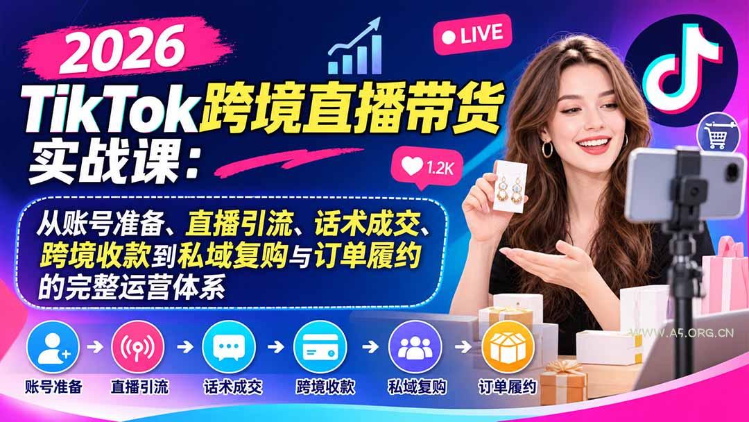 2026TikTok跨境直播带货实战课：从账号准备、直播引流、话术成交、跨境收款到私域复购与订单履约的完整运营体系 - 小红泡