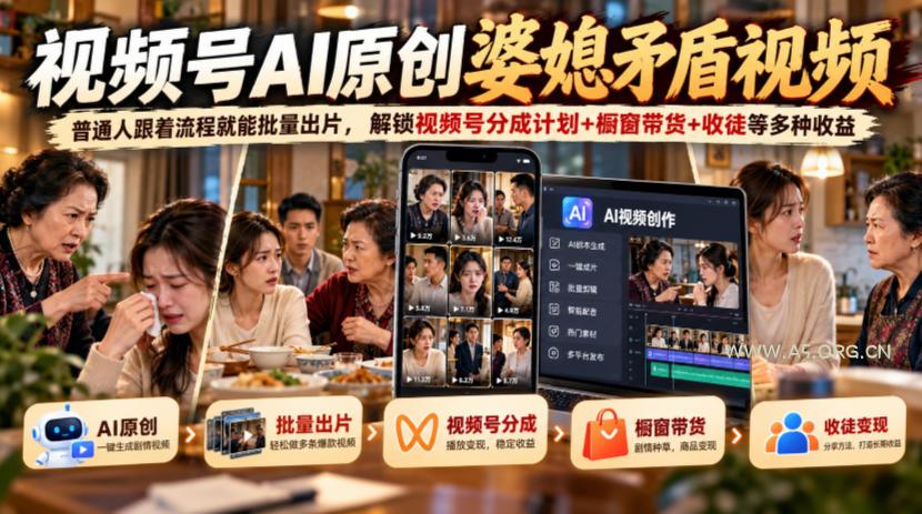 视频号ai原创婆媳矛盾视频,普通人跟着流程就能批量出片,解锁视频号分成计划+橱窗带货+收徒等多种收益 - 小红泡 视频号ai原创婆媳矛盾视频,普通人跟着流程就能批量出片,解锁视频号分成计划+橱窗带货+收徒等多种收益