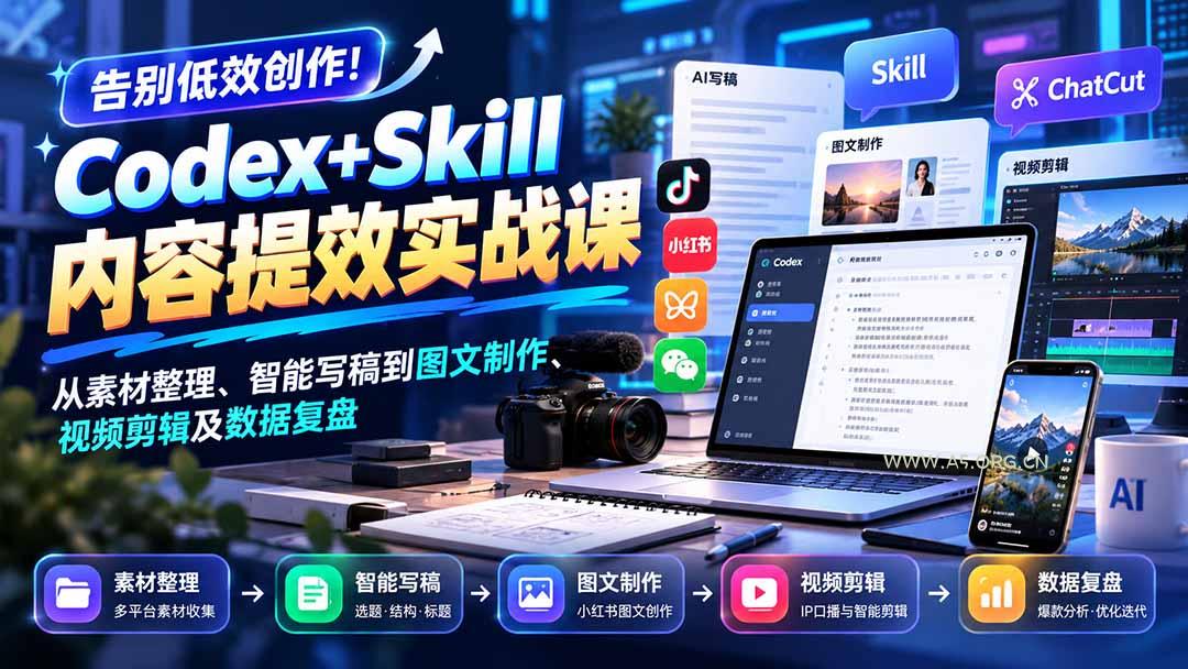 【无水印】告别低效创作！Codex+Skill内容提效实战课：从素材整理、智能写稿到图文制作、视频剪辑及数据复盘 - 小红泡