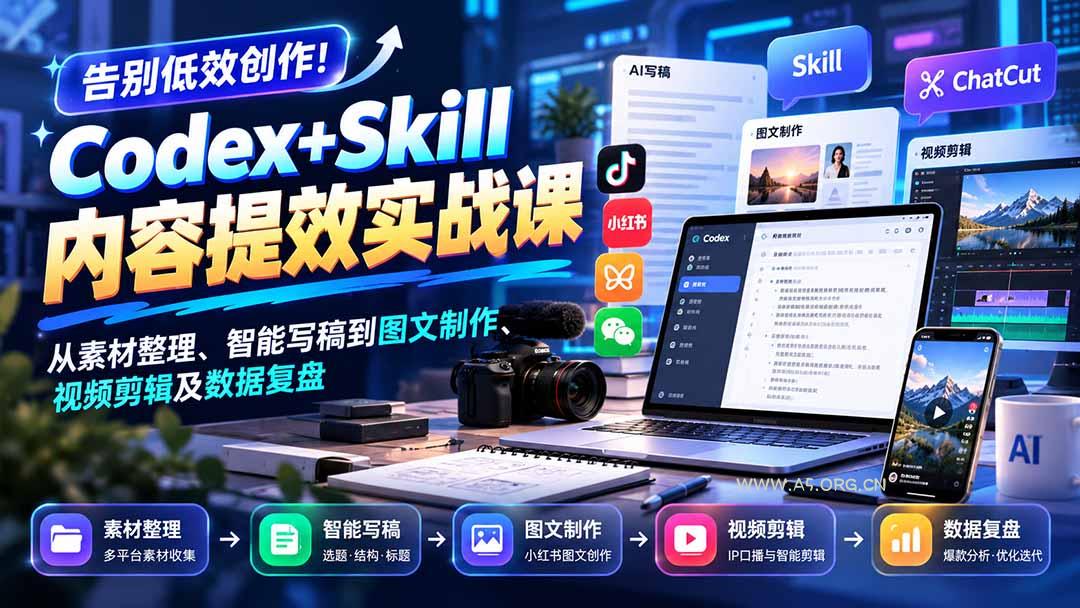 【无水印】告别低效创作！Codex+Skill内容提效实战课：从素材整理、智能写稿到图文制作、视频剪辑及数据复盘 - 小红泡