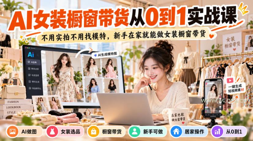 AI女装橱窗带货从0到1实战课，不用实拍不用找模特，新手在家就能做女装橱窗带货