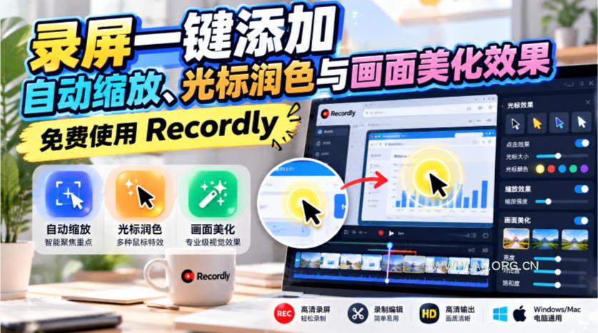 录屏一键添加自动缩放、光标润色与画面美化效果,免费使用Recordly - 小红泡 录屏一键添加自动缩放、光标润色与画面美化效果,免费使用Recordly