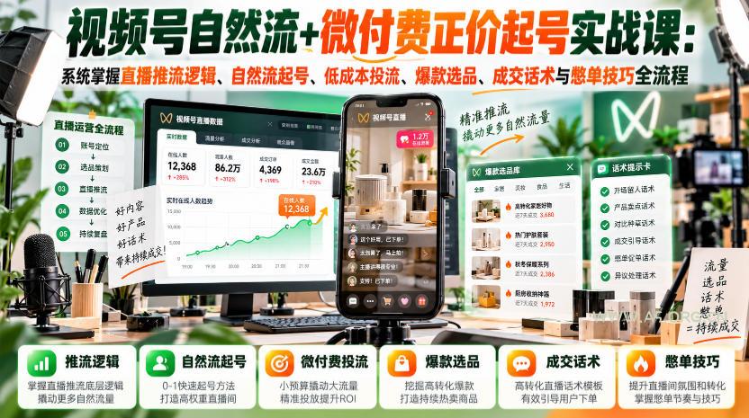 视频号自然流+微付费正价起号实战课:系统掌握直播推流逻辑、自然流起号、低成本投流、爆款选品、成交话术与憋单技巧全流程 - 小红泡 视频号自然流+微付费正价起号实战课:系统掌握直播推流逻辑、自然流起号、低成本投流、爆款选品、成交话术与憋单技巧全流程