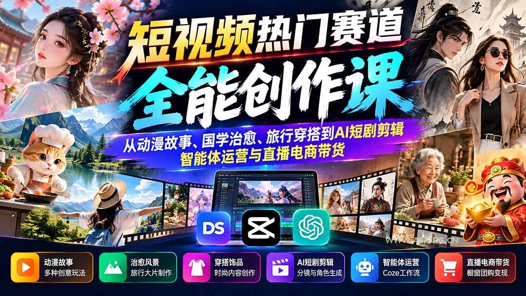 短视频热门赛道全能创作课:从动漫故事、国学治愈、旅行穿搭到AI短剧剪辑、智能体运营与直播电商带货 - 小红泡 短视频热门赛道全能创作课:从动漫故事、国学治愈、旅行穿搭到AI短剧剪辑、智能体运营与直播电商带货 - 小红泡