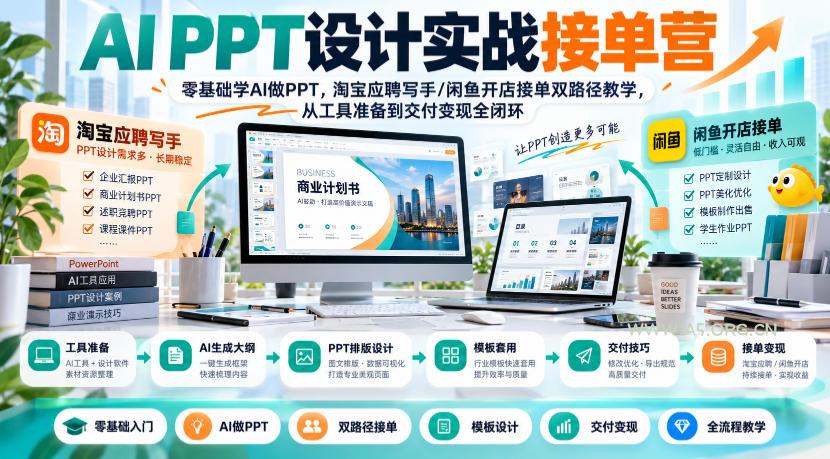 AI PPT设计实战接单营|零基础学AI做PPT,淘宝应聘写手/闲鱼开店接单双路径教学,从工具准备到交付变现全闭环 - 小红泡 AI PPT设计实战接单营|零基础学AI做PPT,淘宝应聘写手/闲鱼开店接单双路径教学,从工具准备到交付变现全闭环