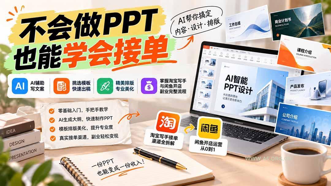 不会做PPT也能学会接单：AI辅助写文案、挑模板、做排版，掌握淘宝写手与闲鱼开店副业完整流程 - 小红泡