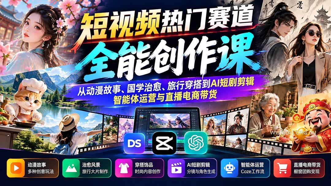 短视频热门赛道全能创作课：从动漫故事、国学治愈、旅行穿搭到AI短剧剪辑、智能体运营与直播电商带货 - 小红泡