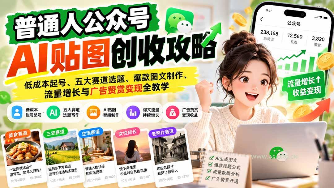 普通人公众号AI贴图创收攻略：低成本起号、五大赛道选题、爆款图文制作、流量增长与广告赞赏变现全教学 - 小红泡