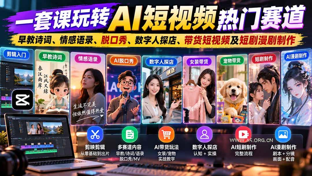 一套课玩转AI短视频热门赛道：早教诗词、情感语录、脱口秀、数字人探店、带货短视频及短剧漫剧制作  复制标题 - 小红泡