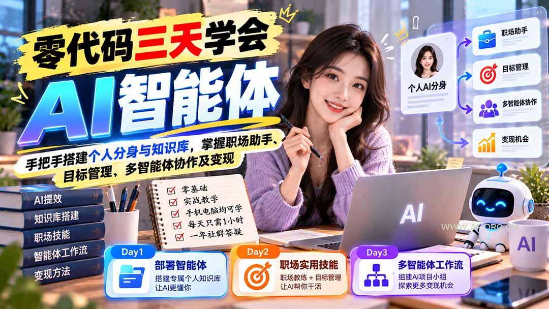 【无水印】零代码三天学会AI智能体：手把手搭建个人分身与知识库，掌握职场助手、目标管理、多智能体协作及变现 - 小红泡