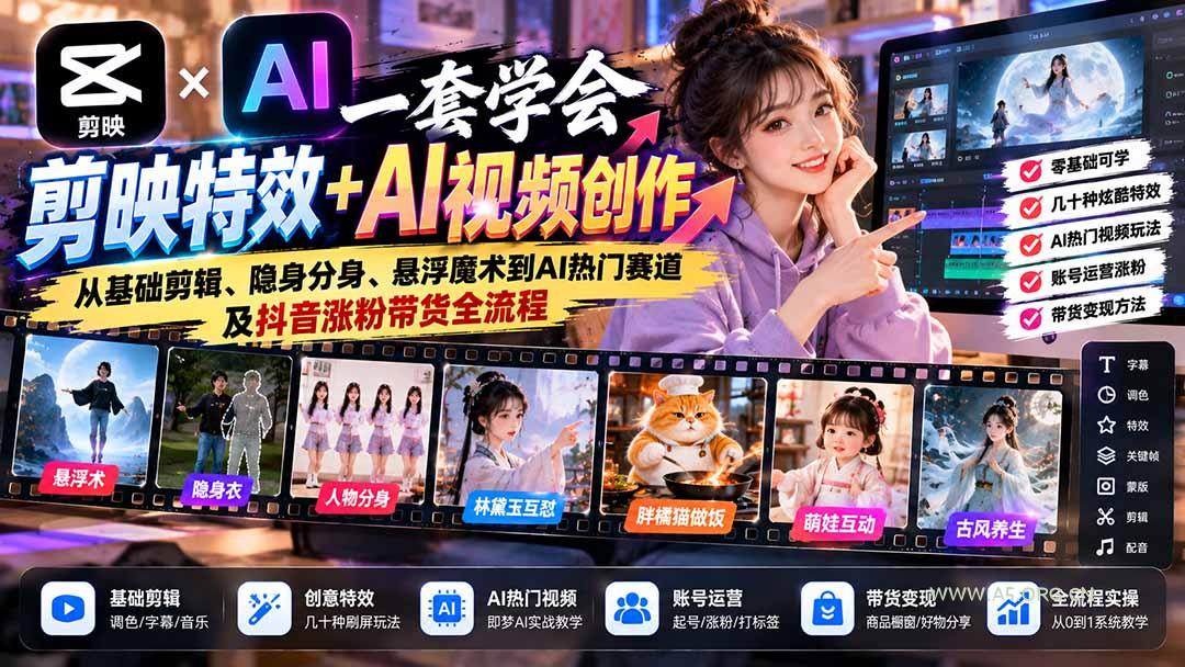 一套学会剪映特效+AI视频创作：从基础剪辑、隐身分身、悬浮魔术到AI热门赛道及抖音涨粉带货全流程 - 小红泡