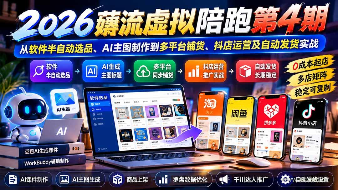 2026薅流虚拟陪跑第4期：从软件半自动选品、AI主图制作到多平台铺货、抖店运营及自动发货实战 - 小红泡