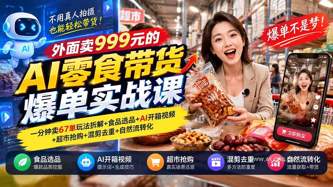 外面卖999元的AI零食带货爆单实战课｜一分钟卖67单玩法拆解+食品选品+AI开箱视频+超市抢购+混剪去重+自然流转化 - 小红泡
