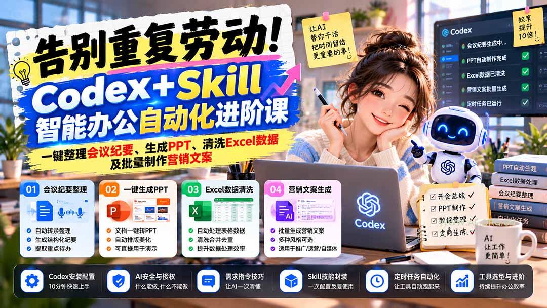 告别重复劳动！Codex+Skill智能办公自动化进阶课：一键整理会议纪要、生成PPT、清洗Excel数据及批量制作营销文案 - 小红泡