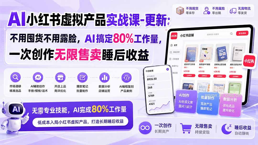 AI小红书虚拟产品实战课-更新1017：不用囤货不用露脸，AI搞定80%工作量，一次创作无限售卖睡后收益 - 小红泡
