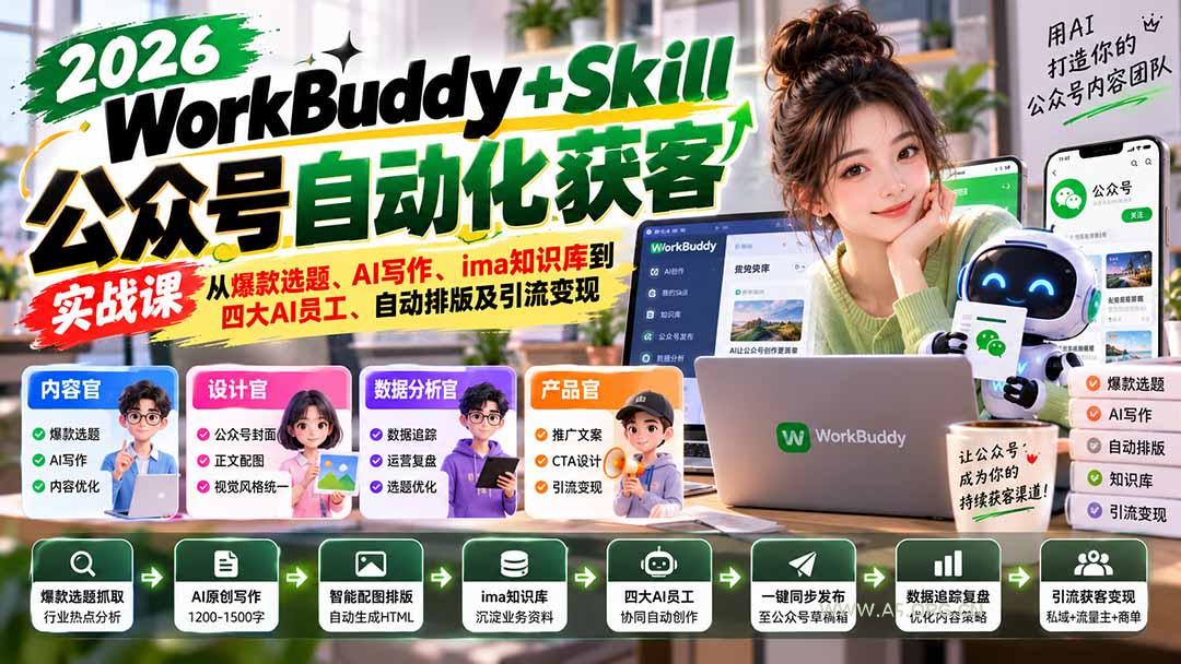 WorkBuddy + Skill公众号自动化获客实战课：从爆款选题、AI写作、ima知识库到四大AI员工、自动排版及引流变现 - 小红泡