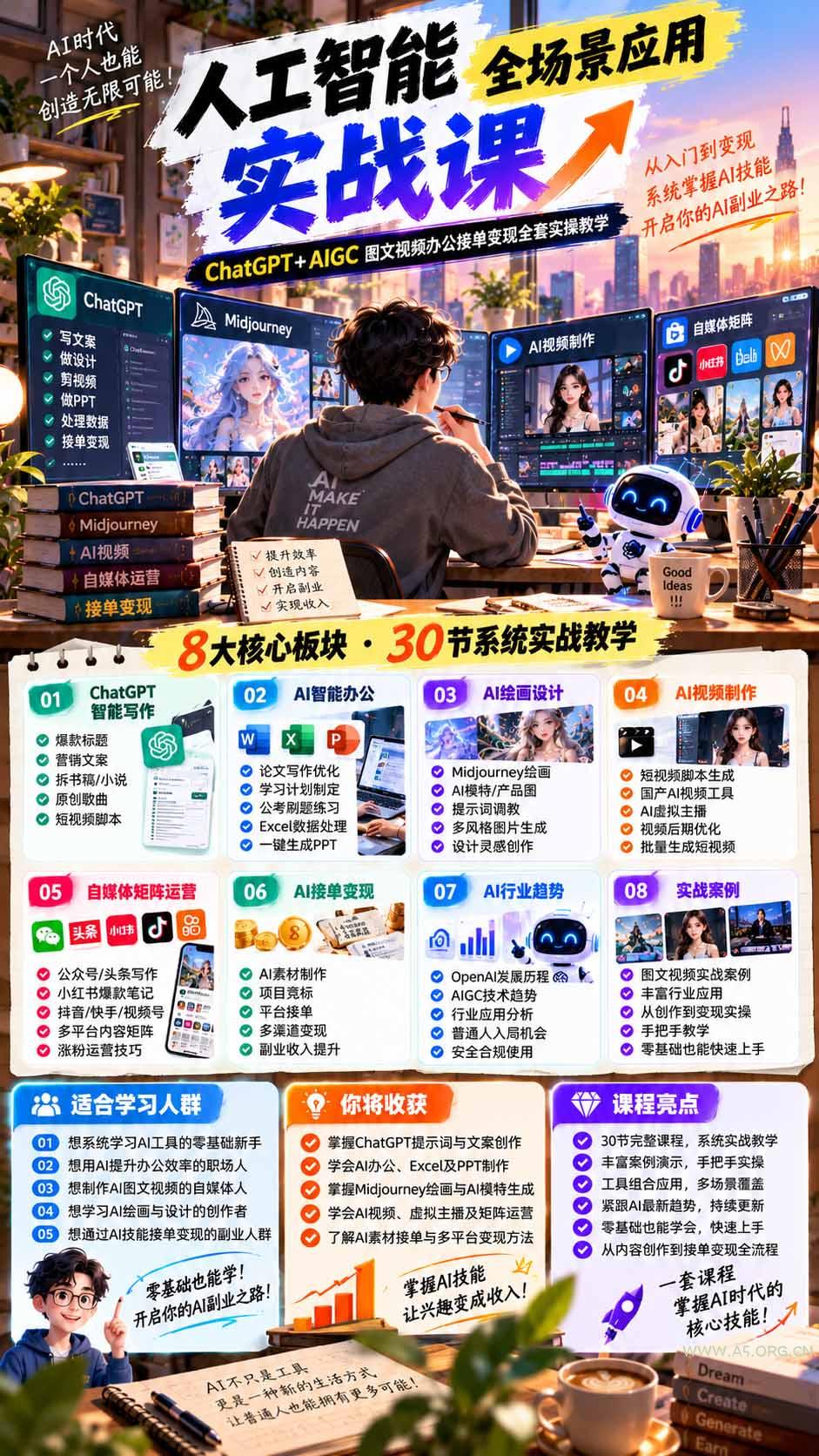 一个人掌握AI写作设计剪辑全套技能：从ChatGPT办公、AI绘画到虚拟主播、自媒体运营及接单变现 - 小红泡