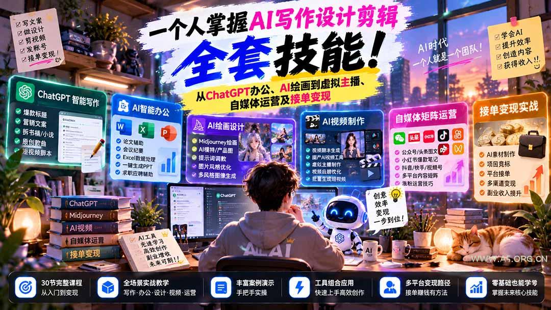 一个人掌握AI写作设计剪辑全套技能:从ChatGPT办公、AI绘画到虚拟主播、自媒体运营及接单变现 - 小红泡 一个人掌握AI写作设计剪辑全套技能:从ChatGPT办公、AI绘画到虚拟主播、自媒体运营及接单变现 - 小红泡