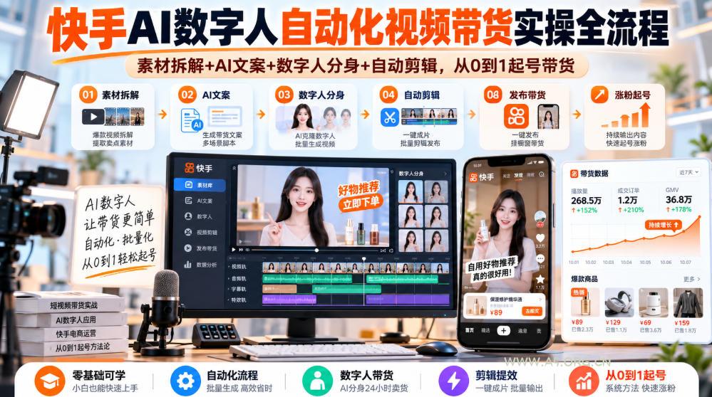 快手AI数字人自动化视频带货实操全流程|素材拆解+AI文案+数字人分身+自动剪辑,从0到1起号带货(更新26年) - 小红泡 快手AI数字人自动化视频带货实操全流程|素材拆解+AI文案+数字人分身+自动剪辑,从0到1起号带货(更新26年)