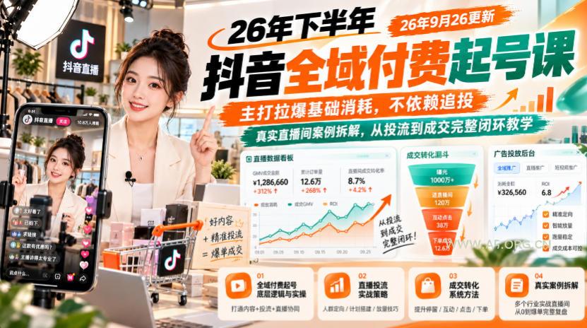 26年下半年抖音全域付费起号课,主打拉爆基础消耗,不依赖追投,真实直播间案例拆解,从投流到成交完整闭环教学(更新1019) - 小红泡 26年下半年抖音全域付费起号课,主打拉爆基础消耗,不依赖追投,真实直播间案例拆解,从投流到成交完整闭环教学(更新1019)