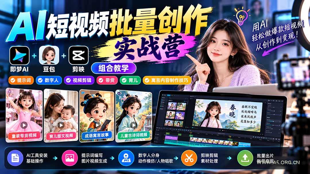 【无水印】AI短视频批量创作实战营:即梦+豆包+剪映组合教学,提示词/数字人/视频剪辑/带货/育儿/寓言内容制作技巧 - 小红泡 【无水印】AI短视频批量创作实战营:即梦+豆包+剪映组合教学,提示词/数字人/视频剪辑/带货/育儿/寓言内容制作技巧 - 小红泡