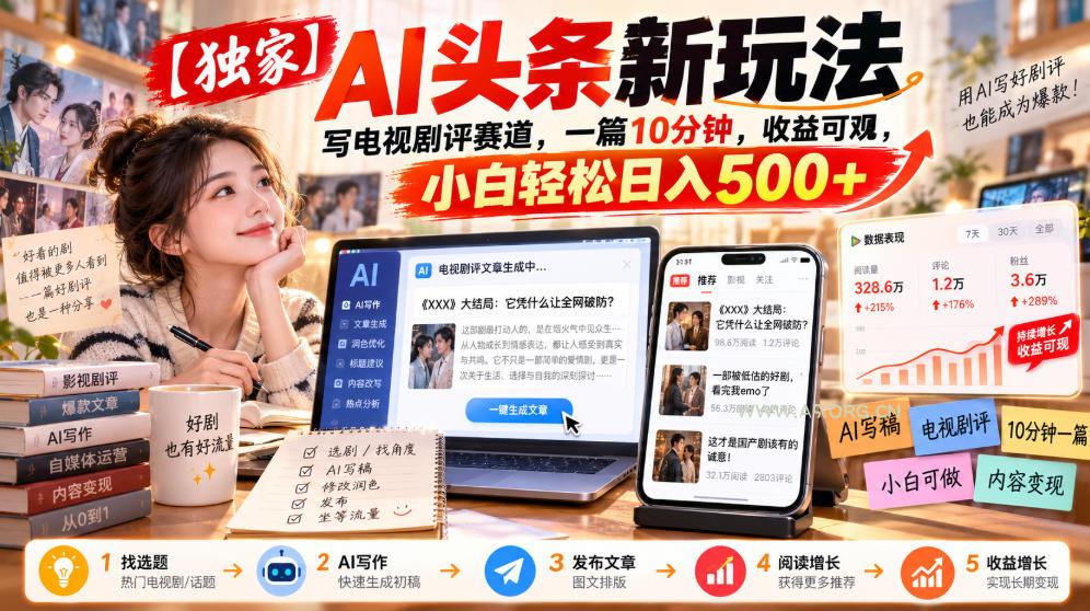 【独家】AI头条新玩法，写电视剧评赛道，一篇10分钟，收益可观，小白轻松日入500+
