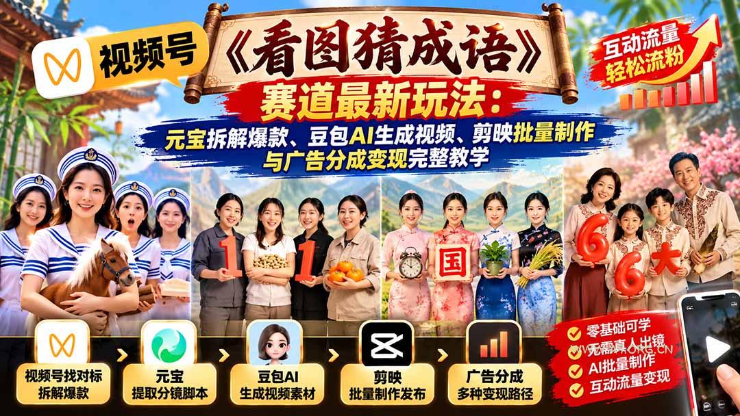 视频号《看图猜成语》赛道最新玩法：元宝拆解爆款、豆包AI生成视频、剪映批量制作与广告分成变现完整教学 - 小红泡