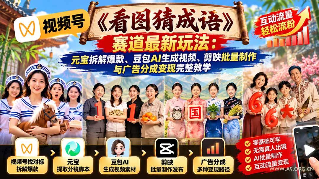 视频号《看图猜成语》赛道最新玩法：元宝拆解爆款、豆包AI生成视频、剪映批量制作与广告分成变现完整教学 - 小红泡