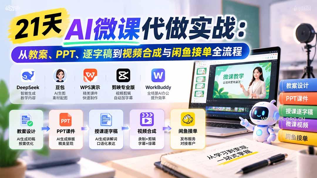 21天AI微课代做实战：从教案、PPT、逐字稿到视频合成与闲鱼接单全流程 - 小红泡
