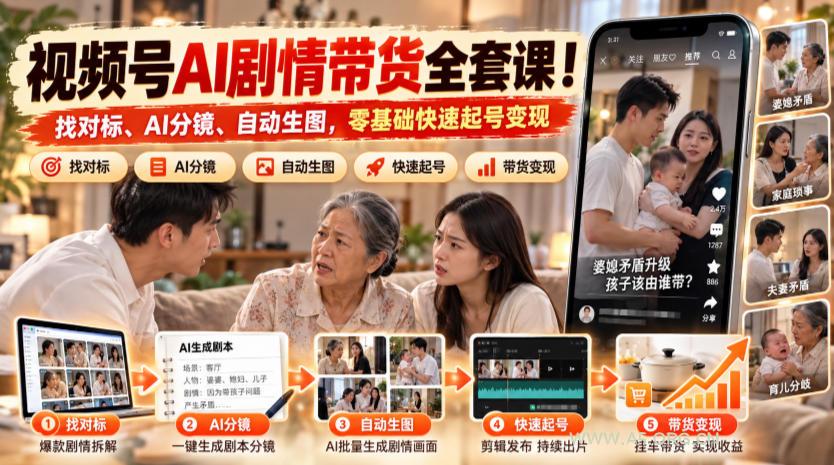 视频号AI剧情带货全套课!找对标、AI分镜、自动生图,零基础快速起号变现 - 小红泡 视频号AI剧情带货全套课!找对标、AI分镜、自动生图,零基础快速起号变现