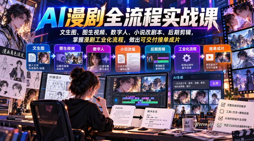 AI漫剧全流程实战课,文生图、图生视频、数字人、小说改剧本、后期剪辑,掌握漫剧工业化流程,做出可交付接单成片 - 小红泡 AI漫剧全流程实战课,文生图、图生视频、数字人、小说改剧本、后期剪辑,掌握漫剧工业化流程,做出可交付接单成片