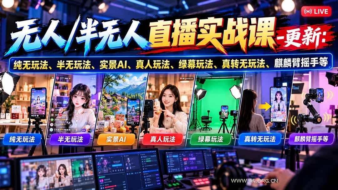 无人/半无人直播实战课-10月20更新：纯无玩法、半无玩法、实景AI、真人玩法、绿幕玩法、真转无玩法、麒麟臂摇手等 - 小红泡