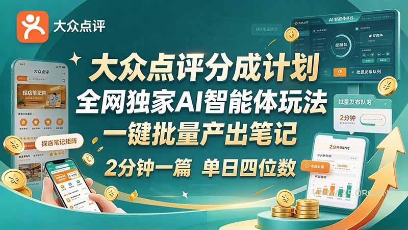 最新大众点评分成计划 全网独家 AI 智能体玩法，一键批量产出笔记，2 分钟一篇，新手直接跑出单日四位数 - 小红泡