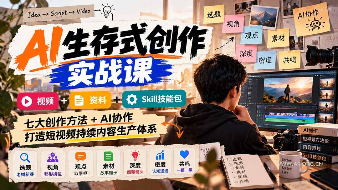 AI生存式创作实战课：视频+资料+Skill技能包，七大创作方法+AI协作，打造短视频持续内容生产体系 - 小红泡