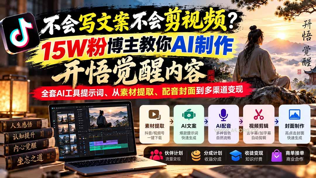 不会写文案不会剪视频?15W粉博主教你AI制作开悟觉醒内容,全套AI工具提示词、从素材提取、配音封面到多渠道变现 - 小红泡 不会写文案不会剪视频?15W粉博主教你AI制作开悟觉醒内容,全套AI工具提示词、从素材提取、配音封面到多渠道变现 - 小红泡