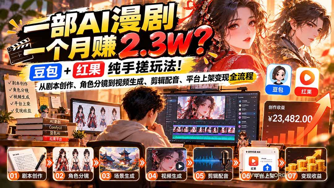 一部AI漫剧一个月赚2.3W？豆包+红果纯手搓玩法！从剧本创作、角色分镜到视频生成、剪辑配音、平台上架变现全流程 - 小红泡