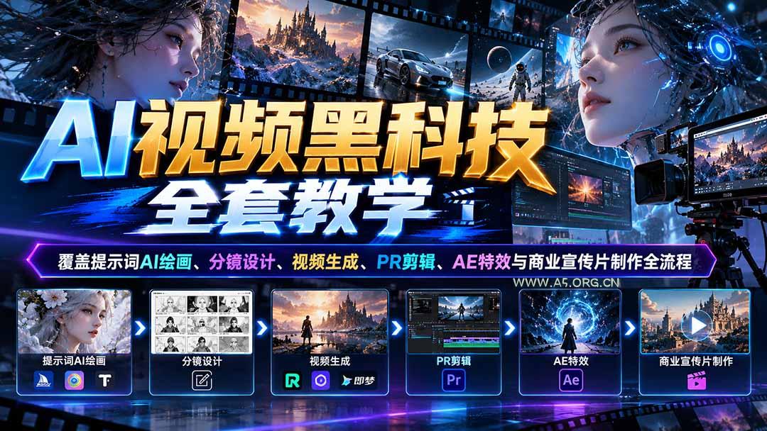 AI视频黑科技全套教学：覆盖提示词AI绘画、分镜设计、视频生成、PR剪辑、AE特效与商业宣传片制作全流程 - 小红泡