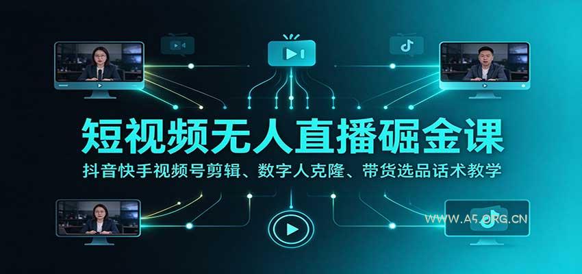 短视频无人直播掘金课：抖音快手视频号剪辑、数字人克隆、带货选品话术教学 - 小红泡