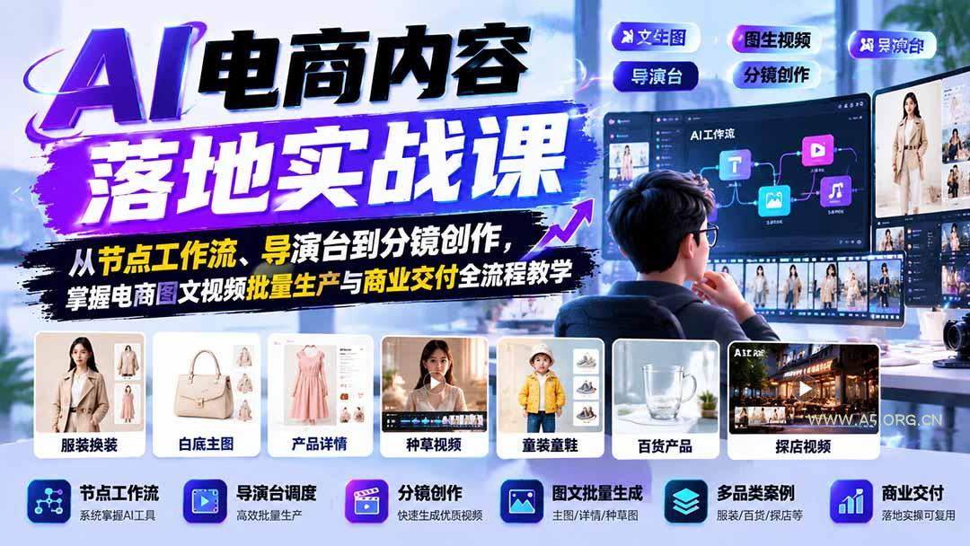 AI电商内容落地实战课：从节点工作流、导演台到分镜创作，掌握电商图文视频批量生产与商业交付全流程教学 - 小红泡