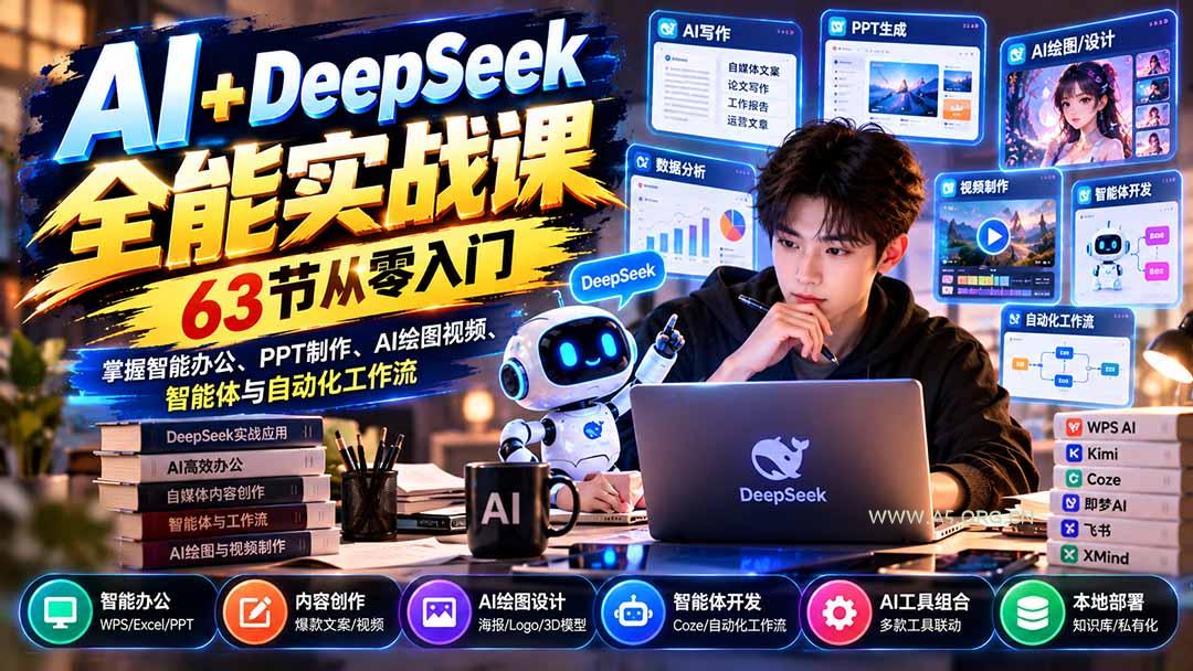 AI+DeepSeek全能实战课：63节从零入门，掌握智能办公、PPT制作、AI绘图视频、智能体与自动化工作流 - 小红泡